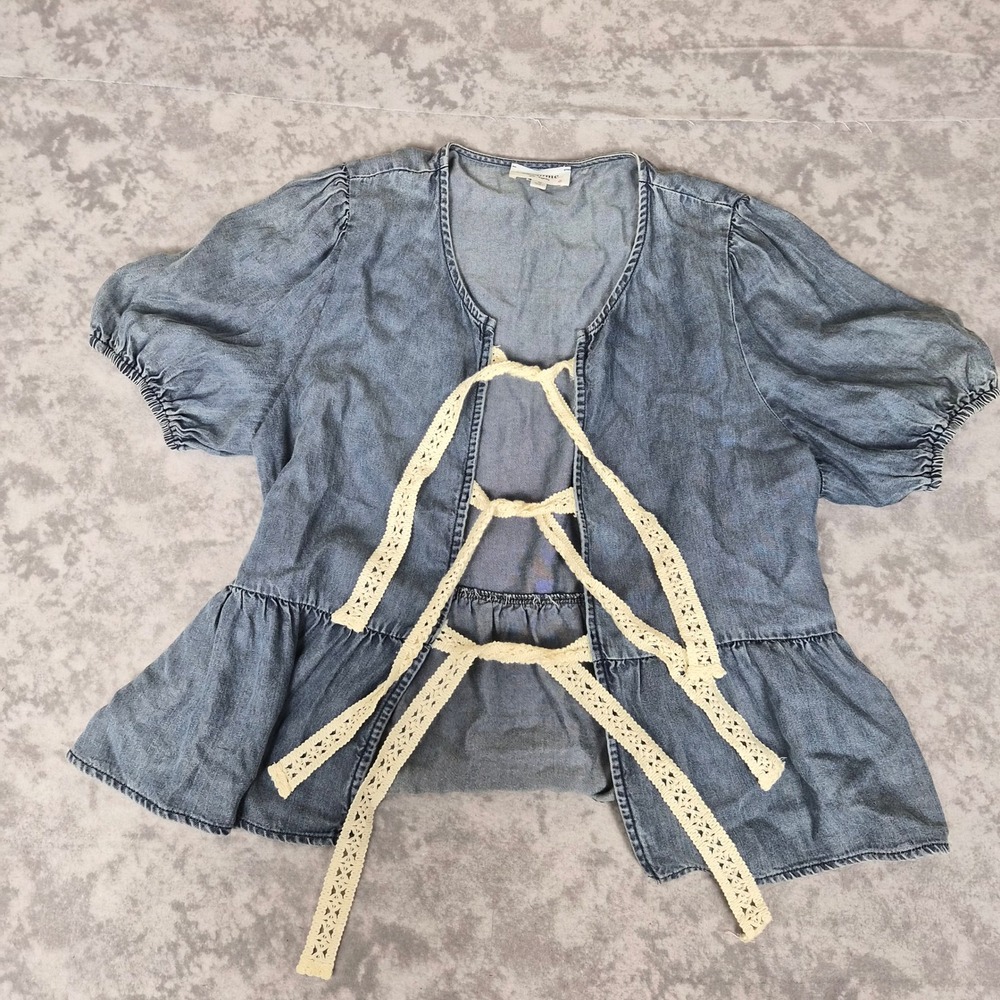 Wstern Denim Tie Front Top Womens Medium Coquette Cottagecore Boho Chic Country - Picture 4 of 8